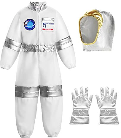 ReliBeauty Astronaut Kostüm Kinder Jumpsuit Onesie Weiß mit Mütze Karneval,100