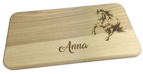 camolo Frühstücksbrett für Kinder Wunschname + Motiv Brotzeitbrett Holzbrett Buche Pflegeleicht (Pferd)
