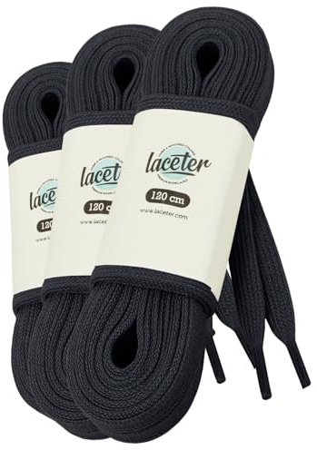 Laceter 3 Pares de Cordones Planos de Algodón 8mm para Zapatillas y Calzado Deportivo - Compatibles con Nike, Adidas, Converse - Alta Resistencia - Fabricado en España - Negro - 90 cm
