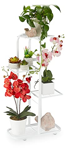 Relaxdays Scaffale Portafiori in Metallo, Fioriera da Esterno e Interno 4 Mensole Porta Piante, 81x44x24,5 cm, Bianco, Acciaio, 1 pz