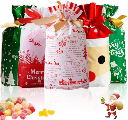 Anyingkai 50 Stücke Wiederverwendbar Weihnachten Geschenkbeutel mit Kordelzug Weihnachtstüten süßigkeiten Weihnachtsgeschenkbeutel Geschenktüten Weihnachten Umweltschutzmaterial