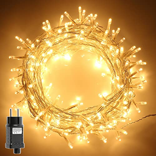 H HANSEL HOME Guirnalda Luces Led de Navidad Luces de Árbol de Navidad Uso Interior/Exterior IP44 Impermeable Cable Transparente (Luz Cálida, 100 Leds 5M)