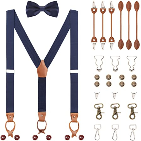 Herren Y-Form 3,5cm Breit Hosenträger & Fliege Set 6 WAY TO WEAR Knopf- Klammer- Hummer- Verschluss Latzhose Schnalle Verlängerte Hosenträger für Körpergröße 160-200cm - Dunkelblau