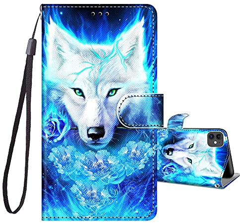 JRIANY iPhone 11 Case, PU Leather Wallet Case with Animal Print, Kickstand, Card Holder, Wolf A