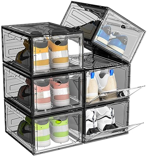 ARSTPEOE Cajas para Zapatos, Paquete de 6, Rganizador de Zapatos, Caja Zapatos Transparente Apilable, Cajas Almacenaje Zapatos de Plástico Plegable, Expositor para Zapatillas y Sneakers (Negro)