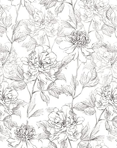 JiffDiff Papier peint floral noir et blanc – Papier peint à décoller et à coller – Papier peint vintage pivoine esquissé – Papier peint autocollant précollé – Décoration murale – Papier contact – 30