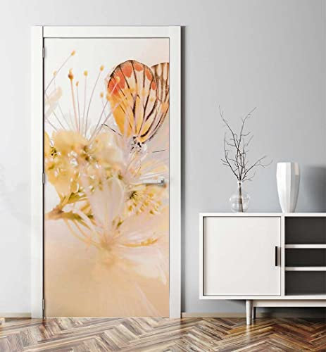 MyMaxxi - Tür bekleben mit Türtapete Türposter Türfolie Selbstklebend 90x200 Schmetterling auf Blüte - Tür verschönern ? Türaufkleber Türklebefolie Blume Insekt Frühling orange