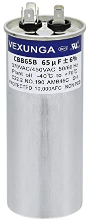 VEXUNGA Kondensator 65uF 65 MFD 370VAC 440VAC 450VAC 50/60Hz Runder AC Kondensatoren CBB65 für Klimaanlage Kompressor Motor Luft Wärmepumpe oder Lüftermotoren