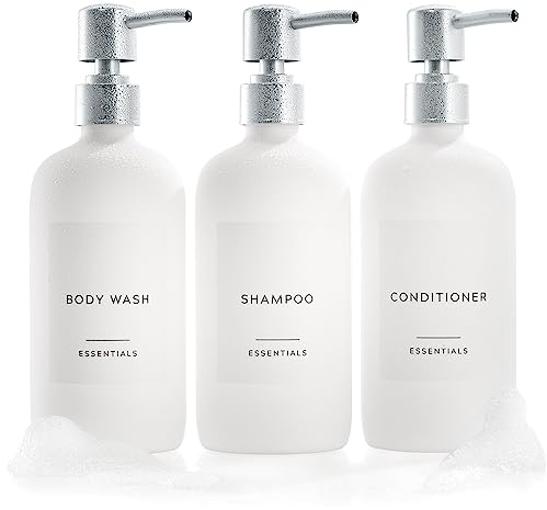 Stylischer Shampoo- und Conditioner-Spender, 3er-Set, 620 ml Moderne Duschgel-/Seifenflaschen mit Pumpe, Etiketten, einfach zu befüllen, für EIN sofortiges Badezimmer-Dekor-Upgrade, Weiß