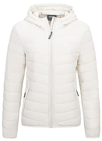 Outdoor Ventures Women's Winter Lightweight Puffer Jacket with Hood, Warm, Short, Packable, Quilted, Transitional, Padded Jacket for Ladies, Lined for Hiking, Travel Cream XL