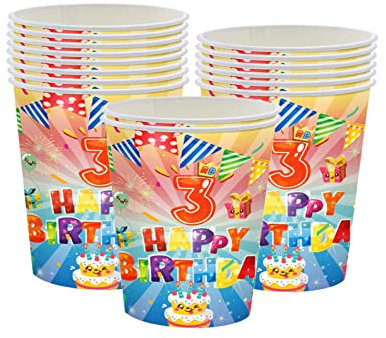 16Pcs 3rd Birthday Paper Cups,Colourful Kids Third Birthday Tableware Party Cups Disposable,Happy 3rd Birthday Table Decorations Cup Birthday Gifts for Girls,Boys,Kids 3rd Birthday Party Decoration