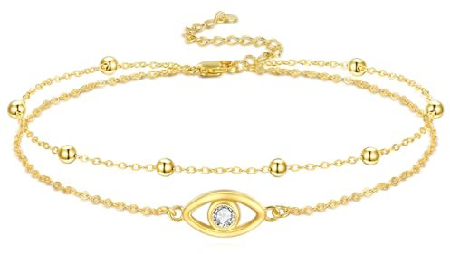 POPLYKE Gold Plated Evil Eye Anklets 925 Sterling Silver Double Layered chain for Girls Women birthday gifts Summer Beach Jewellery