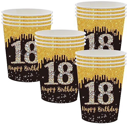 Schwarz-goldene Pappbecher zum 18. Geburtstag, Partyzubehör, Einweg-Geschirr-Set, schwarz-goldene Einweg-Pappbecher für alle Anlässe (16 Stück)