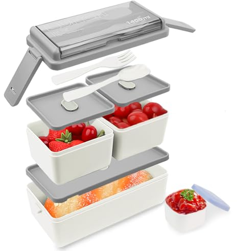 Bugucat Bento Lunch Box - 1400ML Stackable, 2 Layer, 3 Compartment Leak-Proof Lunch Box with Compartments for Adults & Kids, Meal Prep Container with Cutlery, Grey