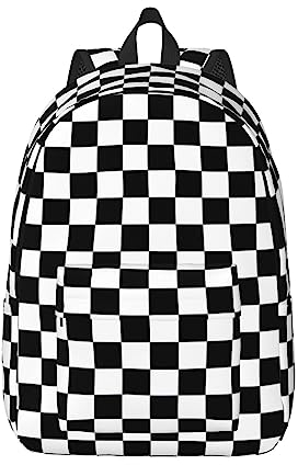 MDATT Schwarz-weiß karierter leichter Rucksack für Schule, klassischer Basic-Casual-Tagesrucksack für Reisen mit Flaschen-Seitentaschen, Schwarz , S
