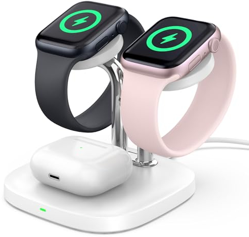 SwanScout Doppel Watch Ladestation für Apple Watch 10, SwanScout 704A, 3.3W Schnell Ladestation Kompatibel mit Apple Watch 10/Ultra 2/9/8/7/6, kabelloses Ladegerät Station für Airpods 4 (ohne Adapter)