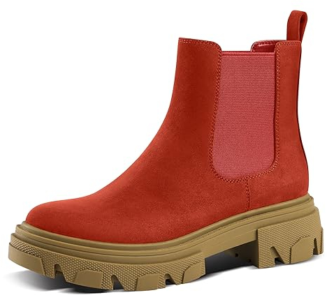 PIZZ ANNU Stivali con Tacco Basso Casual Chelsea Boots Donna Comodi Biker Stivaletti Invernali Eleganti Plateau Rosso EU 37