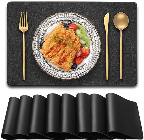 Blibalaskr PVC Heat Resistant Placemats Set of 8,Waterproof Wipeable Floor Place Mats,Non-Slip Easy Clean Table Mats for Kitchen Table Decor,12×18 Inch (Black)