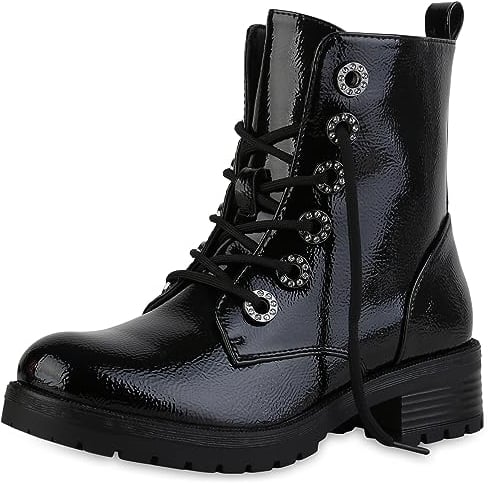 VAN HILL Damen Schnürstiefeletten Blockabsatz Lack Trendy Schuhe 840598 213310 Schwarz Lack 37