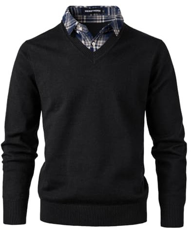 Herothorn Herren-Strickpullover Modischer Pullover Weichgriffiges Sweatshirt mit V-Ausschnitt und kariertem oder weißem Hemdkragen