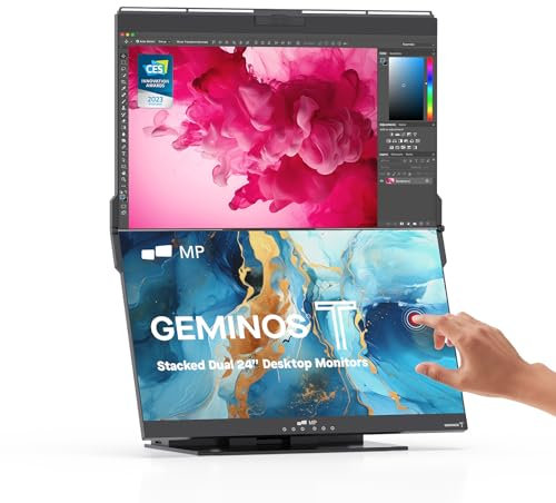 MP Mobile Pixels 2023 Geminos-T Dual 24 Stacked Computer Monitors, 1920 x 1080 Pixels, Touchscreen Monitor, Built-In Webcam, Windows/Mac/PC/Android Compatible