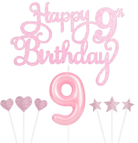 Personalised Happy 9th Birthday Cake Topper with Pink Number 9 Candles, Star Heart Cupcake Toppers Decorations Set for Her Him Girls Birthday Anniversary (Set 8)