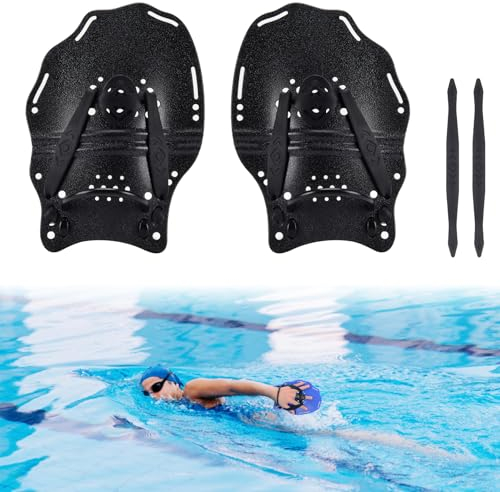 BOOSTEADY Palas Natacion Piscina para Adultos, Paletas de Mano para Natación con Correas Ajustables, Herramienta de Entrenamiento de Natación Accesorios de Natación, Negro(23.87 * 16.51 cm)