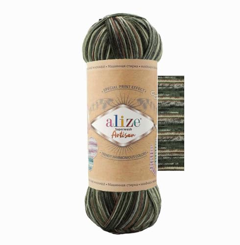 100g Sockenwolle Alize Superwash Artisan 75% Wolle Strickwolle Häkelgarn Farbwahl, Farbe:9014 Waldgeist