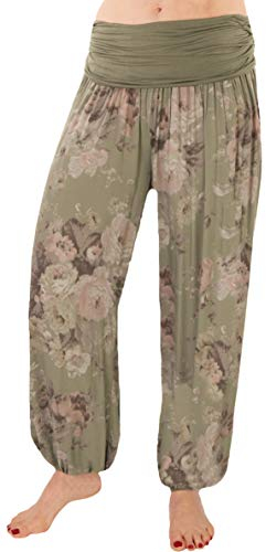 stylx Damen Sommerhose Pumphose Haremshose Größe 36/38 bis 48/50 mit Blumenmuster Rose Leichte (DE/NL/SE/PL, Numerisch, 46, 48, Regular, Regular, Rose Khaki)