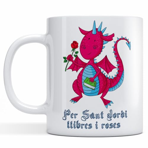Zaranoias Taza Día del Libro. Per Sant Jordi Llibres i Roses (Català) Regalo Original. Diada Sant Jordi, Aniversario, Enamorados, Amigo Invisible. Cerámica AAA 11 oz. (Blanca)