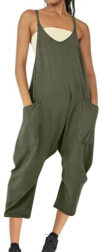 Yolimok Ladies Jumpsuits Summer Casual Dungarees for Women UK Beach Holiday Vintage Baggy V Neck Spaghetti Straps Loose Croppred Trousers 3/4 Length Pants Overalls Rompers One Piece Playsuits