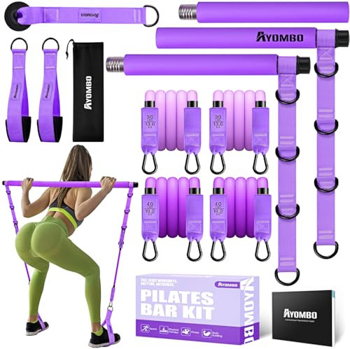 Ayombo Pilates Equipment, Pilates Bar Kit with Resistance Bands, Adjustable Multifunctional Workout Equipment for Men & Women, Portable Pilates Bar Home Gym Equipment of Full Body Exercise
