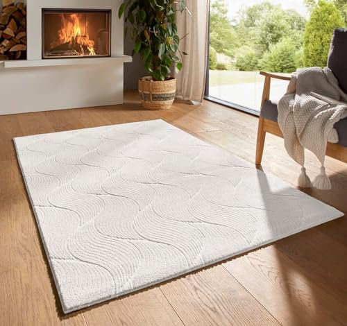 Taracarpet Kurzflor Boho Skandi Polyester Teppich in 3D Optik waschbar, pflegeleicht und robust ideal fürs Wohnzimmer, Schlafzimmer und Kinderzimmer auch als Badematte Creme Düne 200x290 cm