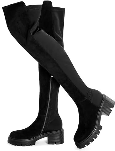 ErikenUrben Donna Nero Coscia Stivali Suede sopra Il Ginocchio Stivali Platform Tacco Largo Stivali Stretch al Ginocchio Lungo Stivali Zip Numero 38