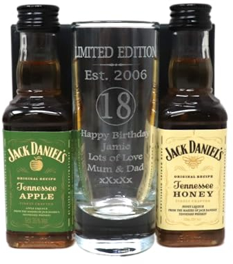 Regalo Personalised Laser Engraved Est 2006 18th Birthday Shot Glass Set with Miniature Alcohol Bottle Gift for Son or Daughter | Girls & Boys (Apple & Honey Tennessee Whiskey/No Gift Box)