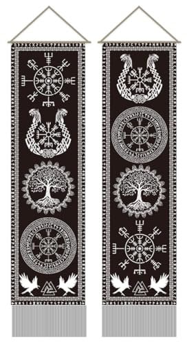 AHANDMAKER 2 Wandteppich Mit Wikingersymbol. Baum Des Lebens Rune Lange Vertikale Wandteppich Wandbehang Mythologie Runen Quasten Wandteppich Mystischer Ästhetischer Wandteppich (45.7x13(5) cm)