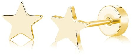 ZDE Titan Damen flach zurück Herz Ohrringe Frauen Nicht-Nickel Ohrringe hypoallergen Knorpel Ohrstecker für empfindliche Ohren einfache klassische 5mm flach Ohrstecker (Star-Gold)