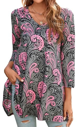 Enmain Tunique Femme Grande Taille Longue à Manche 3/4 Chemisier Femme Chic et Élégant Hiver Col en V Tunique Floraux Paisley Swing Lâche Blouse