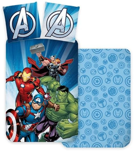 Brandmac Avengers 3-Piece Bedding Set 100% Cotton – Duvet Cover 140 x 200 cm + Pillowcase 65 x 65 cm + Fitted Sheet with Captain America, Hulk, Ironman and Thor