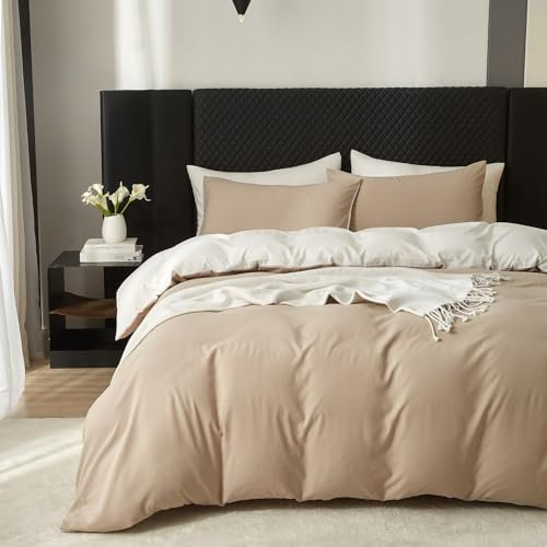 Boqingzhu Bettbezug Set 200x220 Baumwolle, Beige Weiß Bettwäsche 3 Teilig, Weich Atmungsaktiv Pflegeleicht, Reißverschluss, Doppelbett Bettgarnitur Wendebettwäsche Set