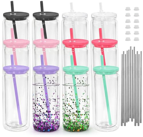 Icesip Acryl-Schneekugel-Becher, vorgebohrt, doppelwandig, Kunststoff, Einmachglas mit Deckel und Strohhalm, wiederverwendbar, transparent, für Schneekugel, Glitzer, DIY, 12 Stück