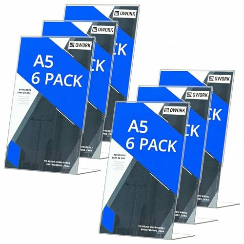 QWORK® Pack de 6 Présentoir Porte-Menus A5, Présentoirs de Table en Acrylique Transparent - Cadres Inclinés pour Menus, Brochures et Photos