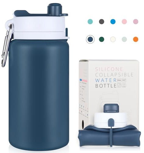 NAVTUE Faltbare Trinkflasche, 550 ml Faltbar Wasserflasche, BPA Free Wiederverwendbar Auslaufsicher Reise-Silikon-Wasserflasche für Reisen, Fitnessstudio, Wandern, Büro, Camping (Blau)