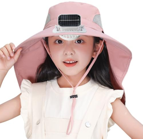 TWEW - Solar & USB Fan Hat for Kids, with Wide Brim and Neck Flap, Adjustable Cooling Fan for Outdoor Activities
