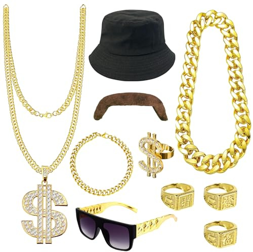 Dollar Kette Set,Zuhälter Kostüm Goldkette Fasching,Rapper Gangster Hip Hop Kostüm,80er 90er Jahre Outfit Herren,Goldkette Dollar Ring Goldenes Sonnenbrill Armband für Punk Fasching Parteien