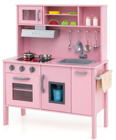 GOPLUS Cuisine Enfant en Bois, Jouet de Cuisine avec Effect Sonore, Évier Amovible, Hotte de Cuisine, Machine à Glaçons, 18 Accessoires Complets, Cadeau pour Garçons Filles 3-6 Ans (Rose)