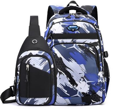 Tanou Schulrucksack Jungen Teenager Set, Große Lässiger Schultasche für Junge 5-12. Klasse, Wasserdichter Nylon Daypack Rucksack Jungen für Schule und Reisen, Blauer Tarnung