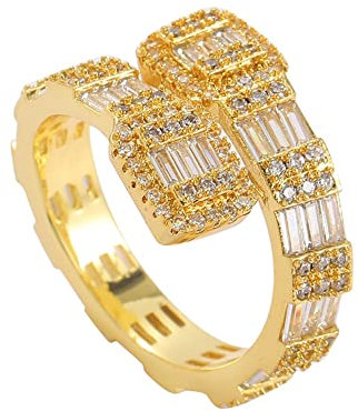hixswnu Hip Hop 18K Gold Plated Iced Out CZ Diamond Ring for Men and Women - Geometric Open Band Jewelry with Micro Pave Bling