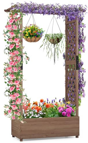 COSTWAY Hochbeet mit Rankgitter & hängendem Dach, Pflanzkasten mit Rankhilfe, Blumenkasten für Kletterpflanzen & hängende Körbe, für Hof Garten Terrasse, Pflanzgefäß aus Holz, Braun (110x44x182cm)