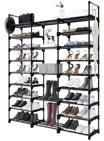 CELORVINI Étagère à Chaussures Métallique 9 Niveaux - Capacité 50-65 Paires - Avec Crochets - Pour Entrée, Salon, Chambre - 127x30x160 cm,Noir
